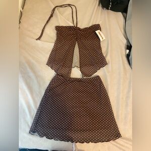 Brown polkadot two-piece skirt set